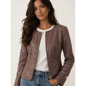 LAL Genuine Leather Womens XL Blazer Jacket Zip Close Brown Animal Print Shimmer